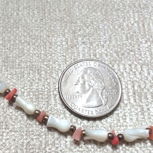 Tulip Carved Mother of Pearl Beads and Coral Necklace with Brass Bead Spacers - Picture 7 of 8